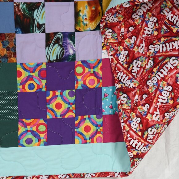 New, handmade Twin Quilt, Beautiful 9 block, patchwork design, Skittles fabric! - Picture 2 of 2